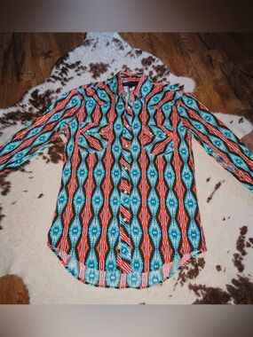 Men's Long-Sleeve, Snap down western/rodeo Shirt in Teal and Orange